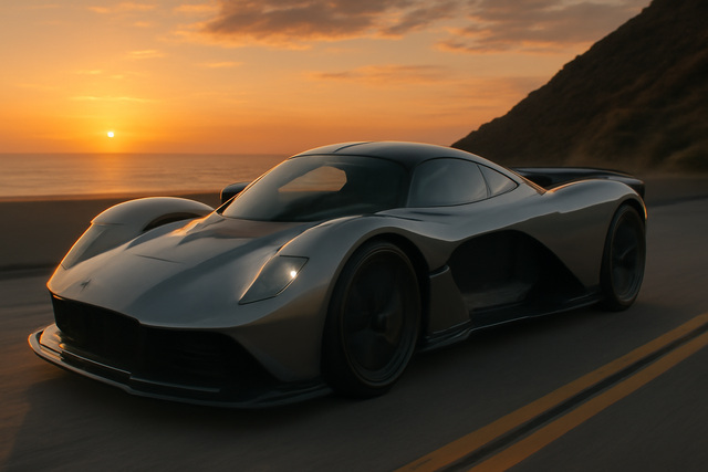 Aston Martin Valkyrie on a road at sunset