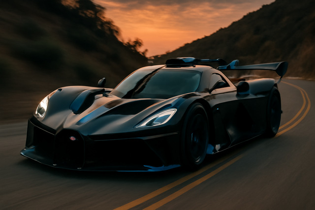 Bugatti Bolide on a winding road at sunset