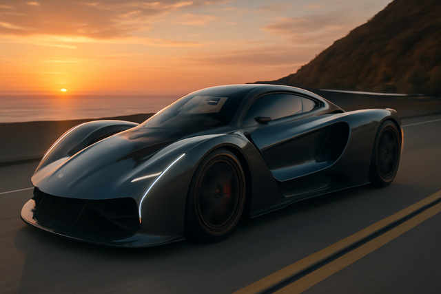 Czinger 21C V Max speeding on a highway at sunset