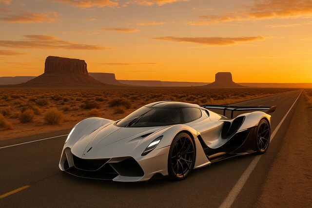 Devel Sixteen hypercar on desert road at sunset