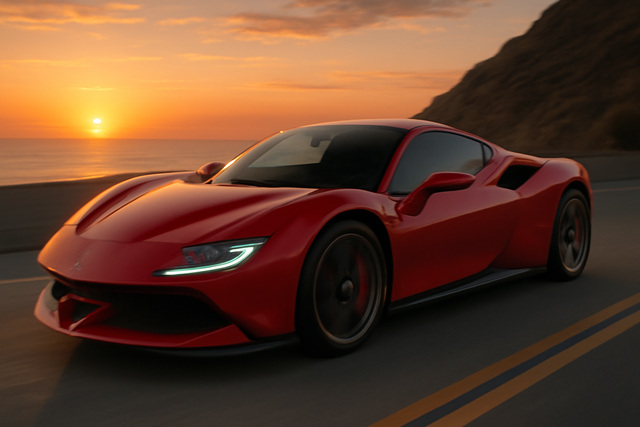 Ferrari SF90 Stradale on a scenic road at sunset