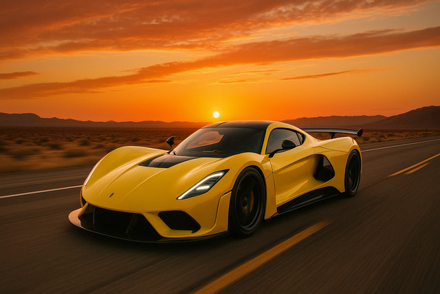 Hennessey Venom F5 on desert highway at sunset
