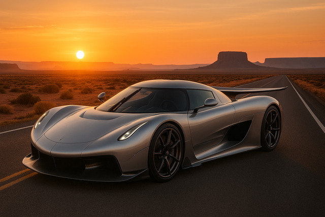Koenigsegg Jesko Absolut hypercar on sunset highway