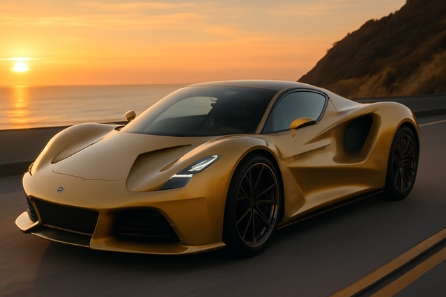 Lotus Evija on a coastal road at sunset