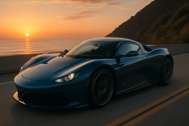 Pininfarina Battista on a coastal road at sunset