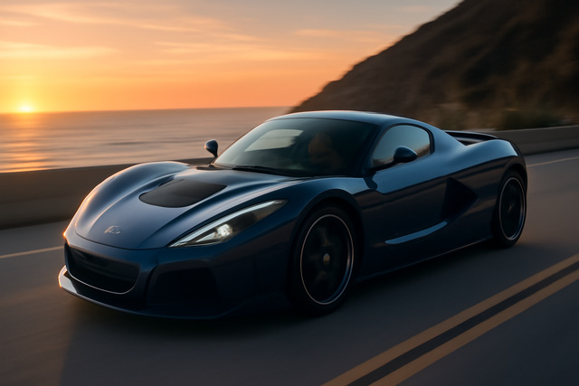 Rimac Nevera speeding down a coastal highway at sunset