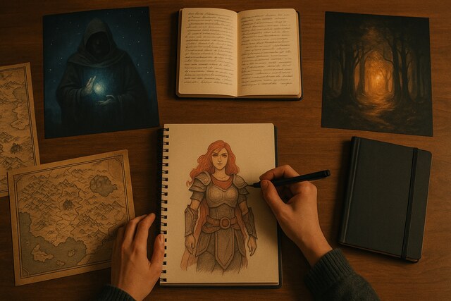 Fantasy role-player creating an original character in a creative workspace.