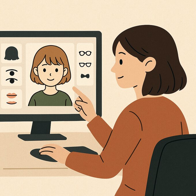 Flat-style illustration of a young woman customizing an avatar on her computer screen.