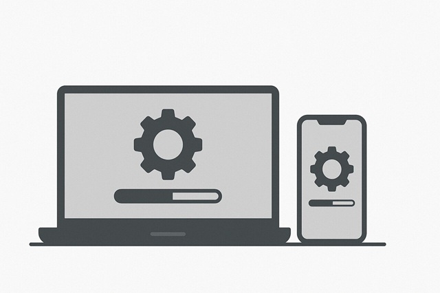 Background software updates with progress bars on devices.