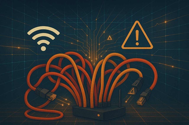 Network congestion illustrating bandwidth saturation with devices and warning symbols.