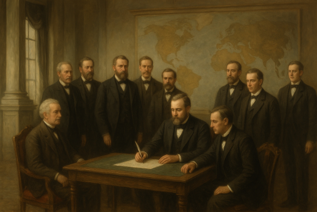 A historical oil painting of a group of European men in dark suits gathered around a table, with one man writing with a quill while others look on.