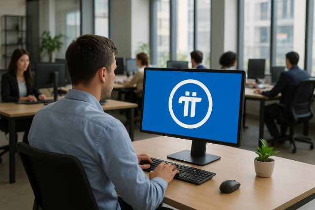 A man in a blue shirt works at a computer in a bright open-plan office, with a blue symbol displayed on his screen, while other employees work in the background.