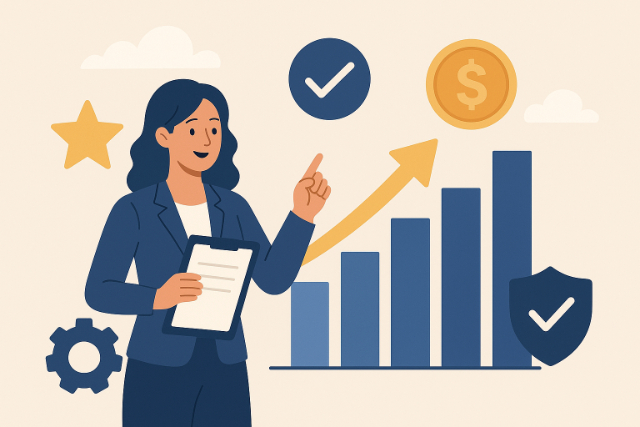 A professional woman in a navy blazer holds a clipboard and points toward a rising bar chart with an upward arrow, surrounded by icons like a checkmark, coin, gear, star, and shield.