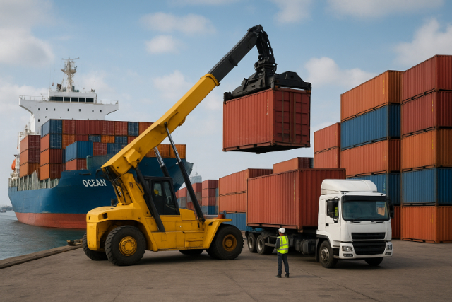 A logistics operation at a shipping port with a cargo ship, stacked containers, a yellow reach stacker lifting a red container, and a white truck nearby.