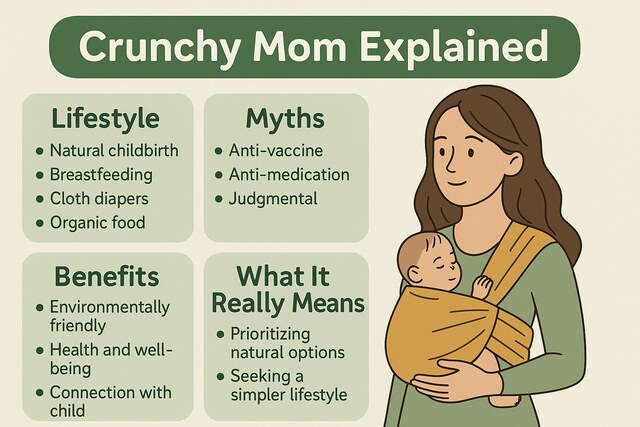 Crunchy mom holding baby with icons for natural living and parenting.