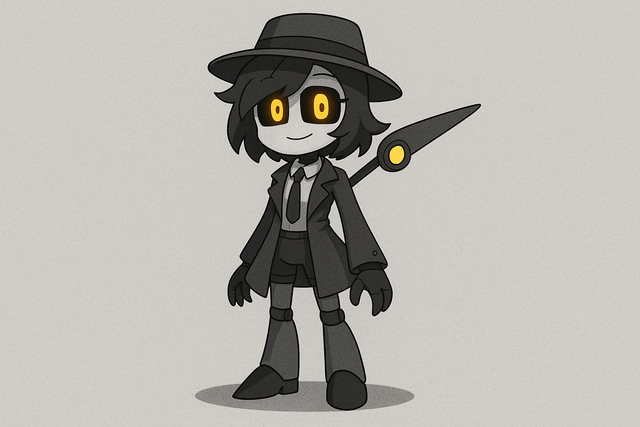 Nightjar, a sleek black-and-teal Murder Drones OC with glowing amber eyes, standing on a neon-lit rooftop.