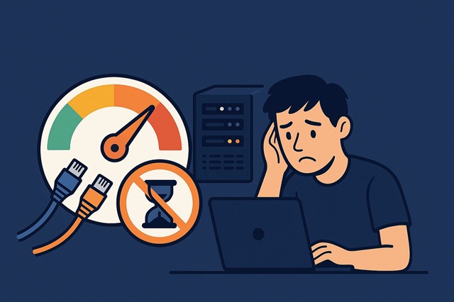 Internet throttling by ISP with devices and speed limit symbols.