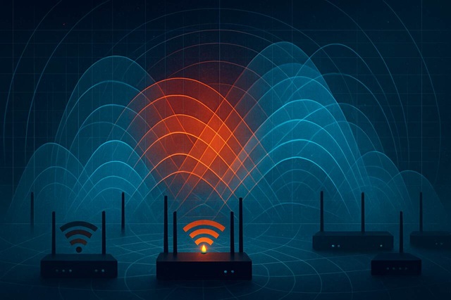 Wi-Fi routers with overlapping channels causing interference and signal overlap.