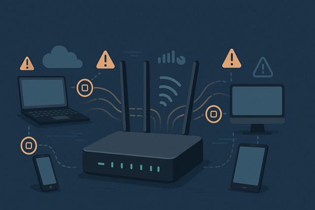 Illustration of router bottleneck with devices and warning icon showing network congestion.