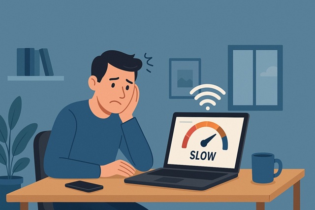 Frustrated user with laptop showing slow internet speeds.