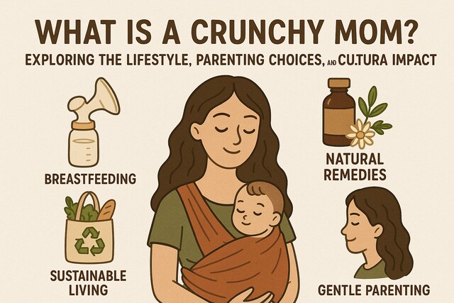Crunchy mom in garden with baby and eco-friendly items.