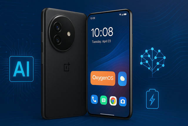 OnePlus 13 showcasing OxygenOS UI with AI chip and smart optimization icons.