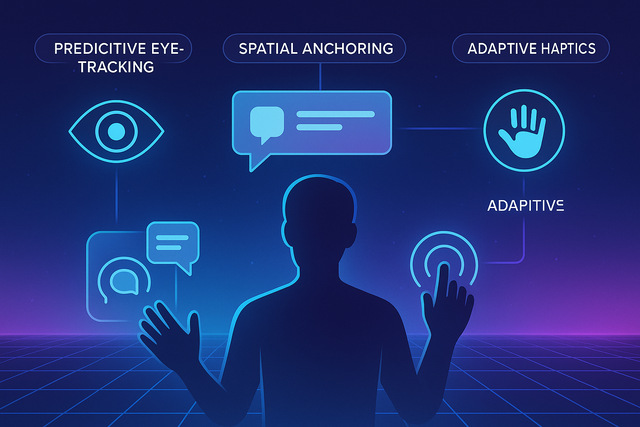 XR user interacting with floating UI using gaze and gesture in a stable virtual space.