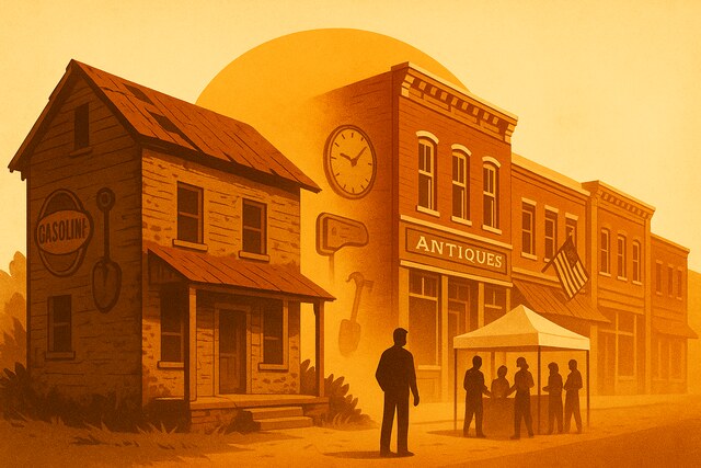 Split scene of decayed and restored buildings showing town revival.