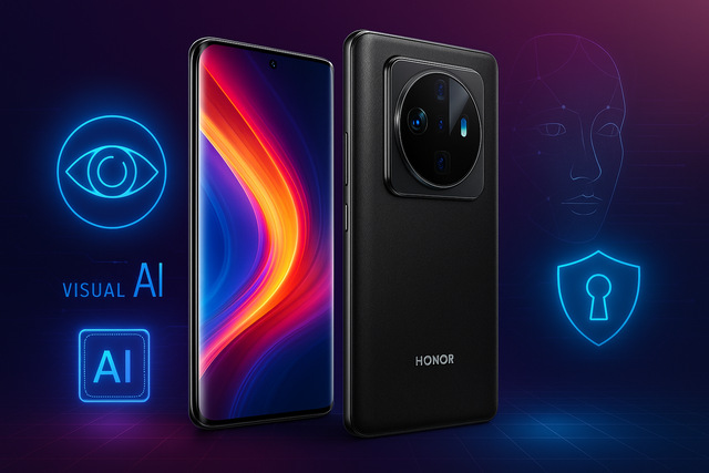 Honor Magic6 Ultimate with visual AI and secure UX icons on futuristic background.