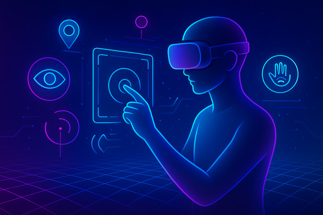 VR user engaging with floating holographic XR interface in neon environment.