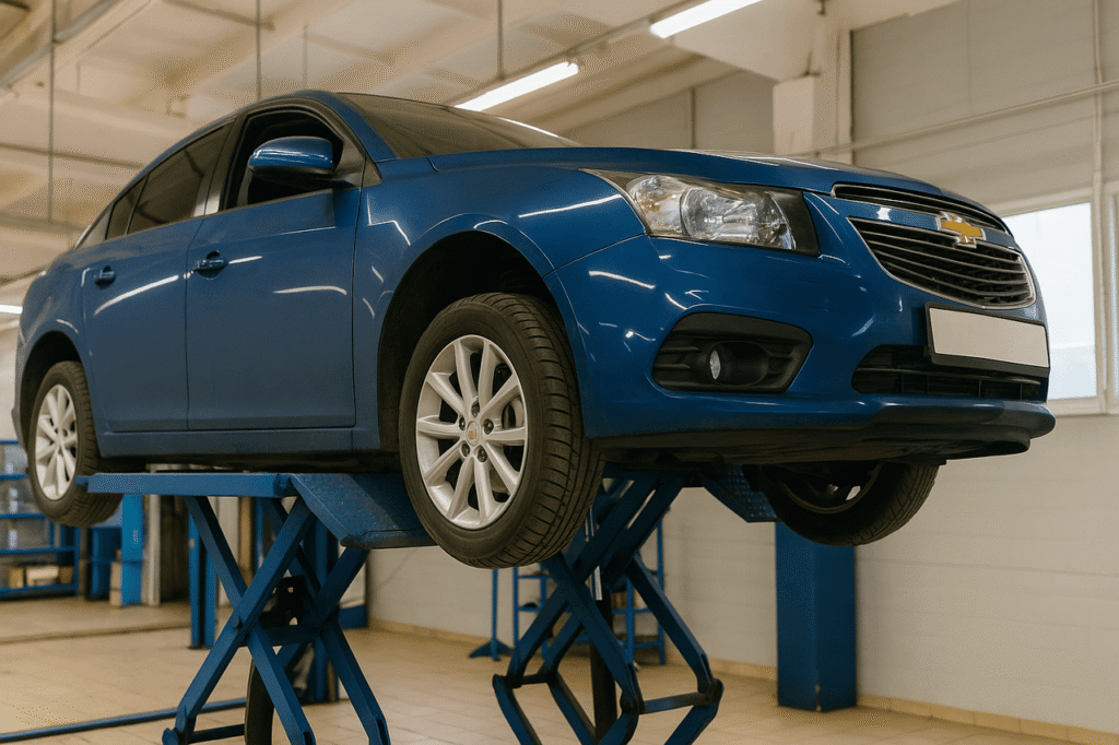 Blue car on lift in auto repair shop with valuation guide title