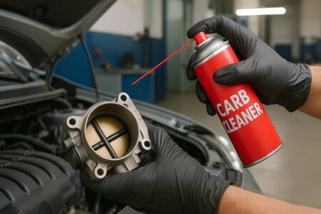 Mechanic cleaning throttle body with carb cleaner near engine bay.