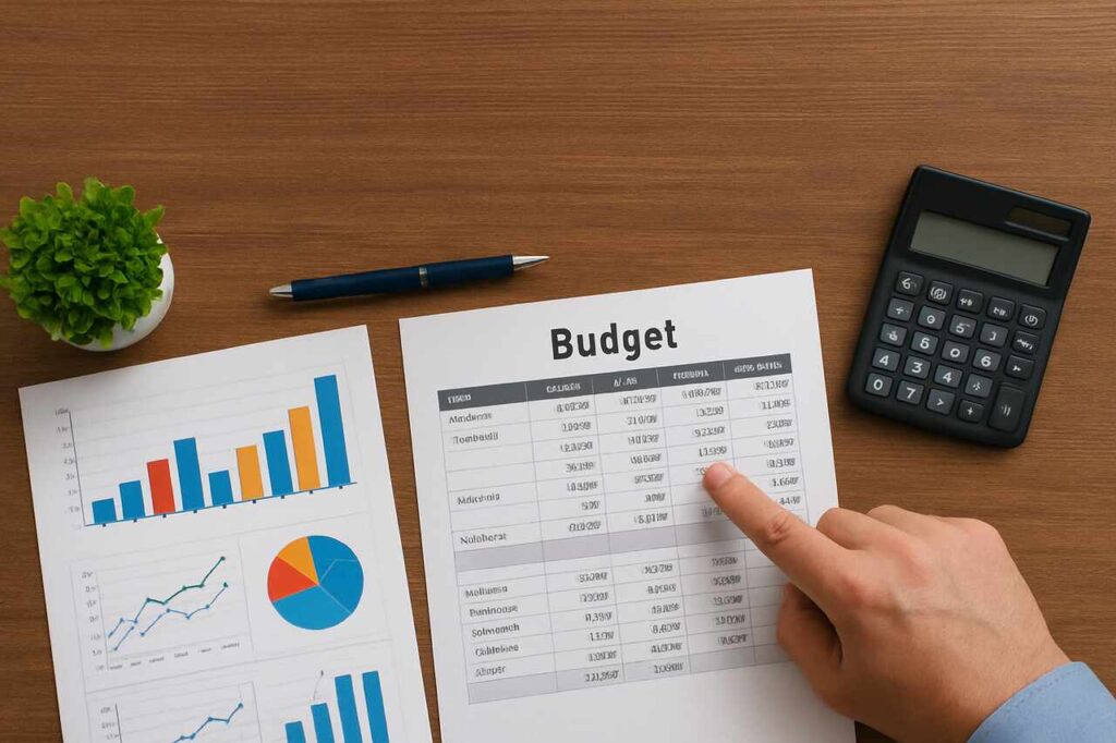 Hand pointing at business budget with charts and calculator on desk.
