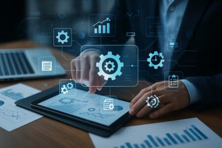 Digital interface on tablet showing business process automation and growth.