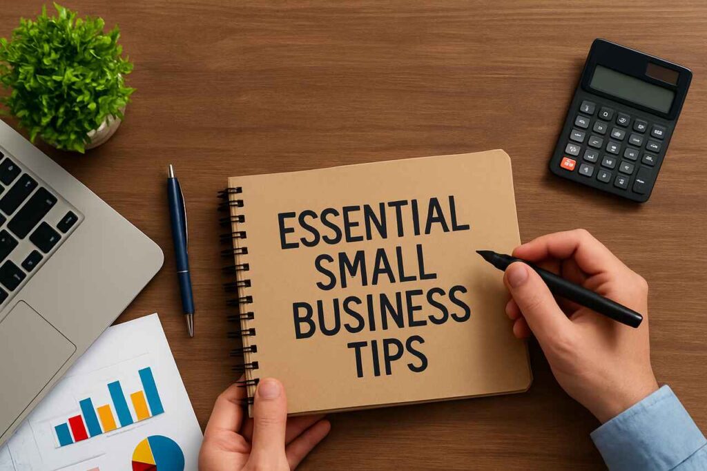 Business workspace with open notebook, charts, and tools on a wooden desk.