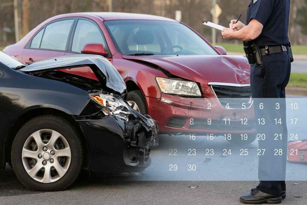 Damaged cars after an accident with a police officer and calendar overlay showing legal deadlines.