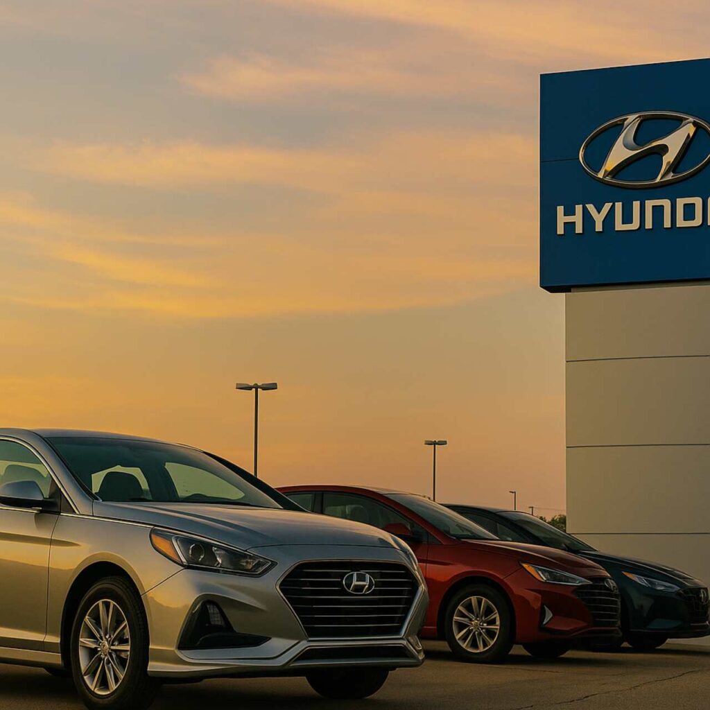 Hyundai dealership at sunset with a silver car, representing financing approval timeline.