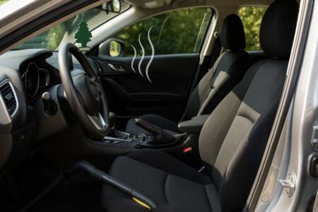 Car interior with cleaning tools and air fresheners showing weed odor removal process.