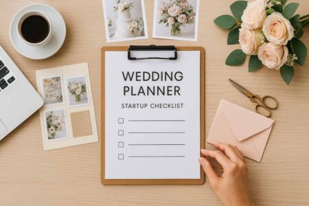 Wedding planning tools with checklist and invitation illustration.