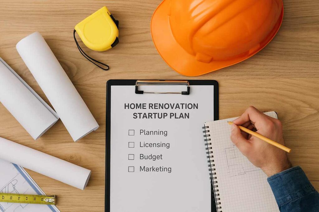 Home renovation planning tools with checklist, hard hat, and sketchpad.