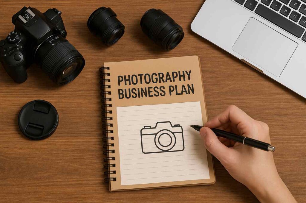 Photographer planning business with camera gear and notebook on desk.