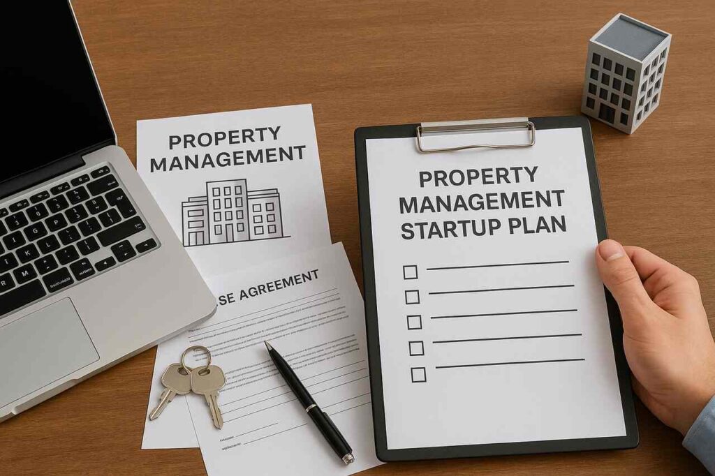 Clipboard with property checklist, lease papers, keys, and model building.