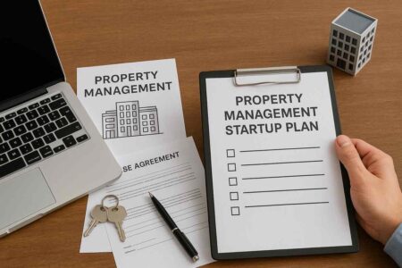 Clipboard with property checklist, lease papers, keys, and model building.