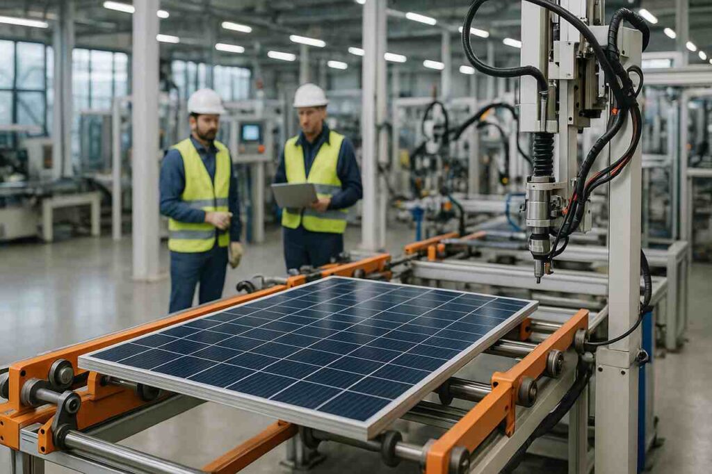 Solar panel manufacturing plant with engineers and machinery