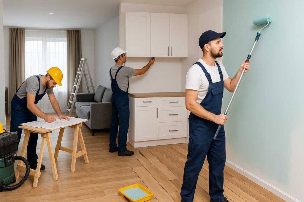 Home renovation team remodeling a living room with tools and plans