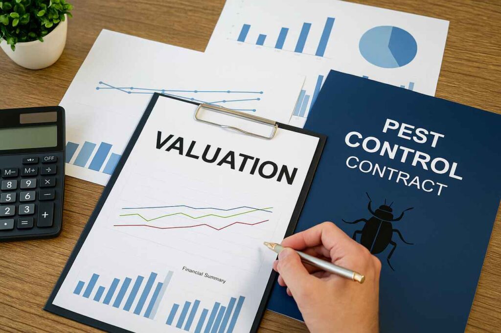 Financial documents and pest control contract used for business valuation.