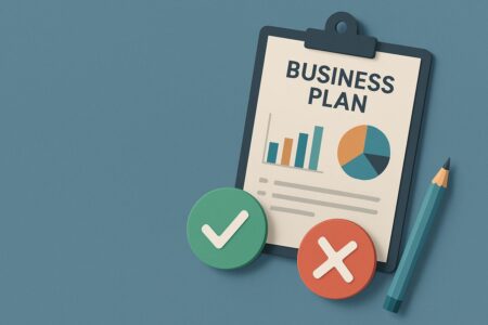Business plan clipboard with charts, green checkmark, and red X.