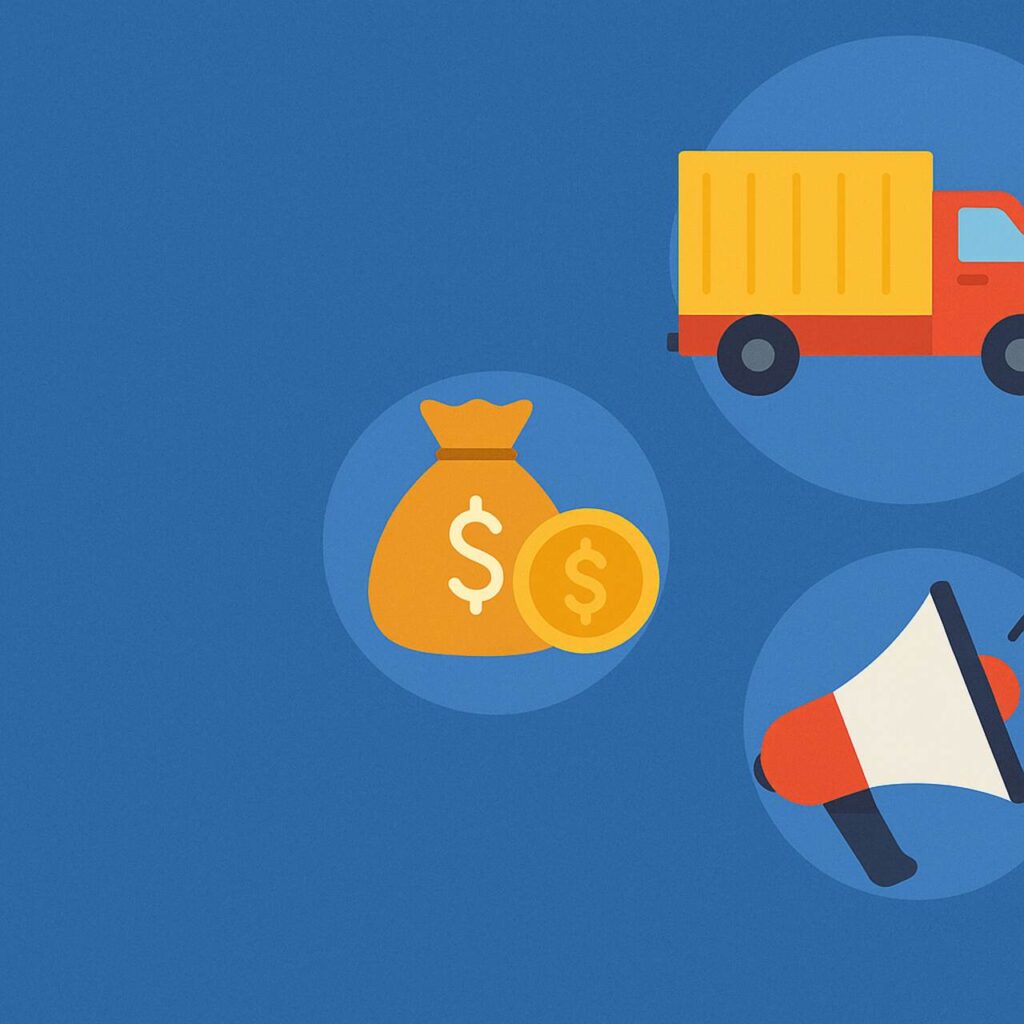 CMR in business illustrated with icons for logistics, finance, and marketing.