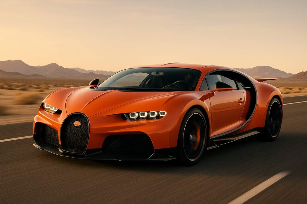 Bugatti Chiron speeding on desert highway at sunset.