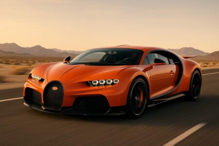 Bugatti Chiron speeding on desert highway at sunset.